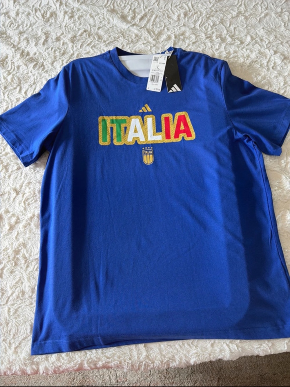 adidas men Blue Italia Logo Tee with Multicolor Graphic Size L NWT